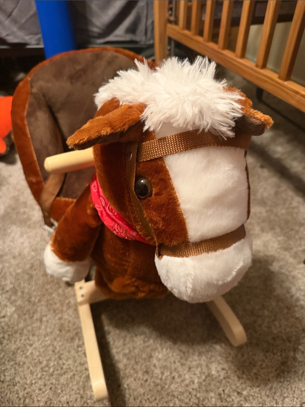 Plush Brown Rocking Horse with White Mane and Bandana - Kids Toy